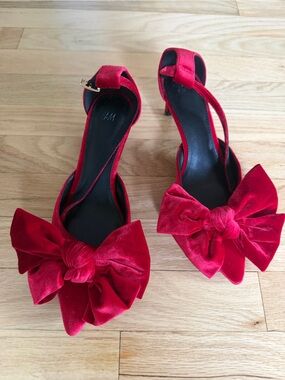 H&M Red Velvet Bow Slingback Heels